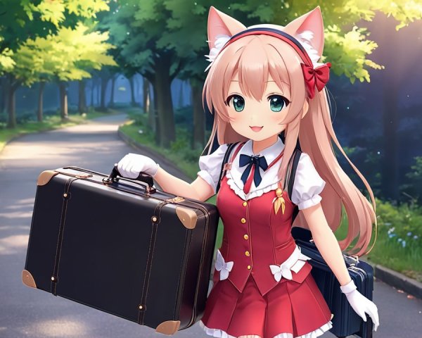 Cheerful anime character with cat ears on a path