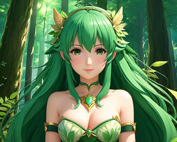 Character in Lush Forest with Green Hair and Leaf Outfit