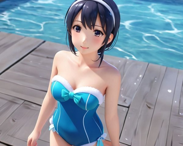 Cheerful anime girl by a sparkling blue pool