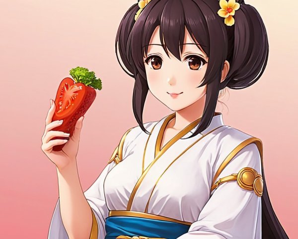 Cheerful woman in traditional attire with strawberry