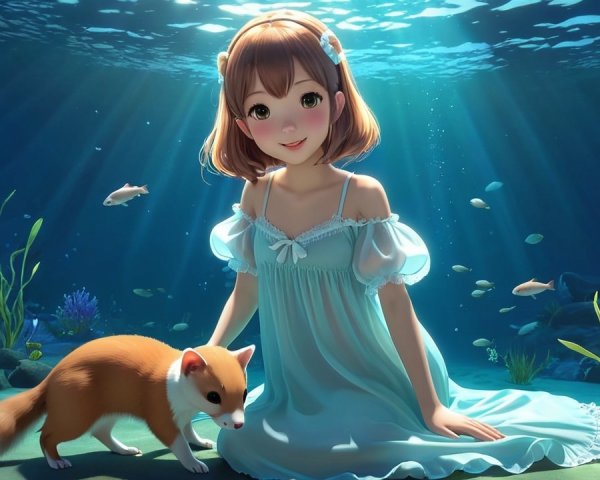 Young girl in blue dress among vibrant marine life