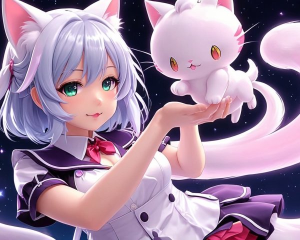 Anime girl with blue hair and kitten in starry night