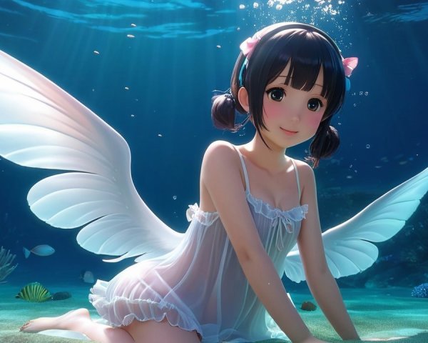 Underwater Scene of a Girl with Translucent Wings