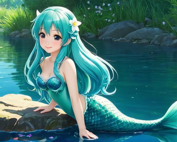 Mermaid by a Tranquil Pond with Lush Greenery