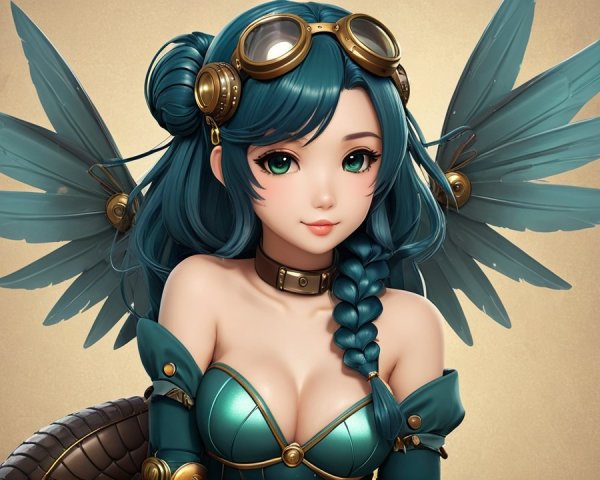 Stylized Character with Teal Hair and Intricate Wings