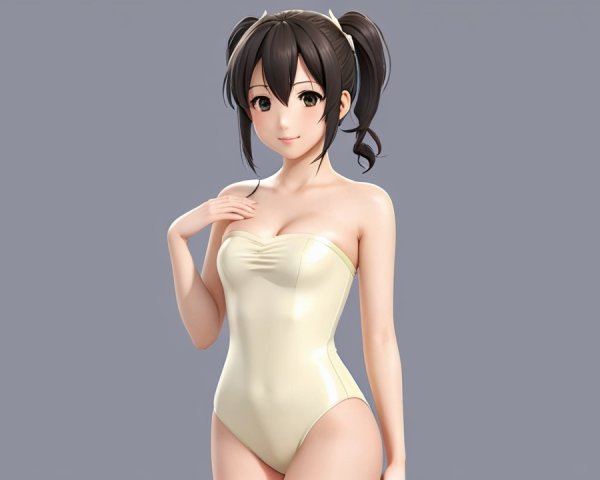 Stylized anime character in light swimsuit with pigtails