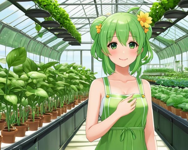 Cheerful Character in Vibrant Greenhouse Setting