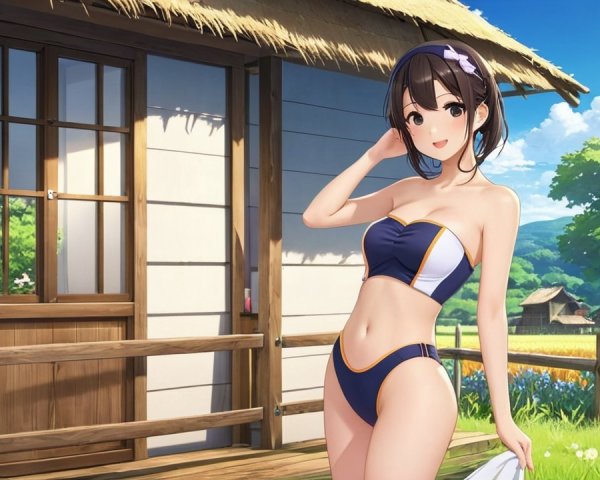 Young woman in bikini on porch in sunny landscape