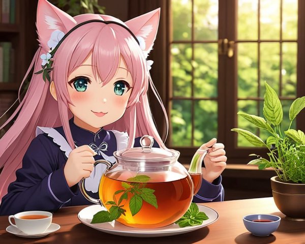 Young girl with pink hair pouring tea in a cozy setting