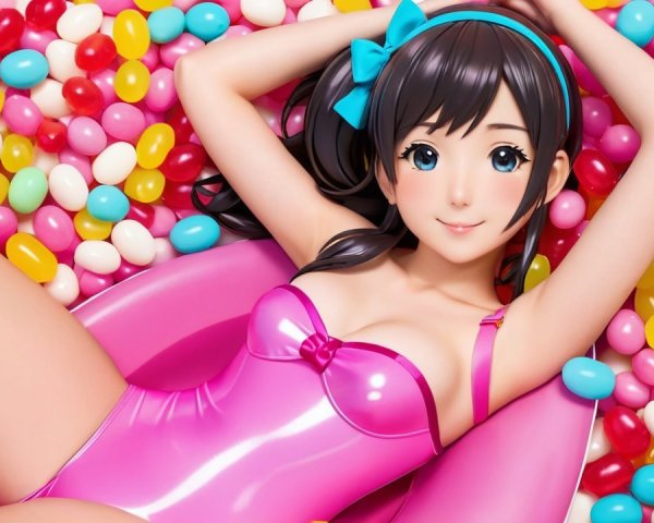 Cheerful anime character in colorful jelly bean pool