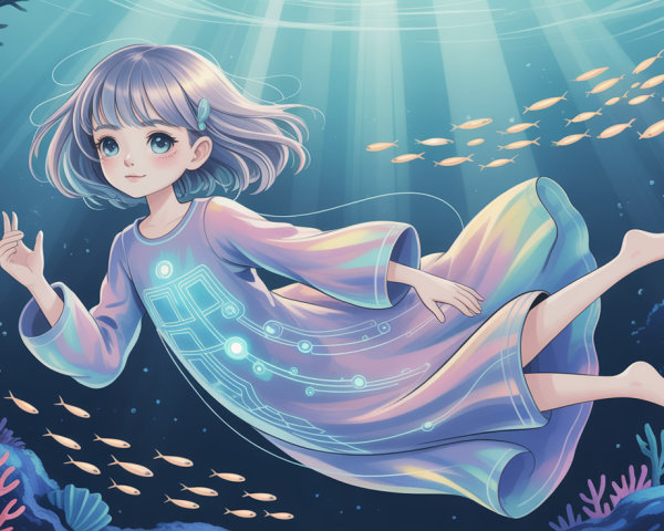 Anime girl with blue eyes floating underwater in dress