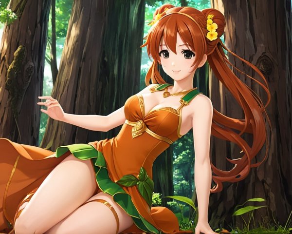 Character in Orange Dress Surrounded by Lush Forest