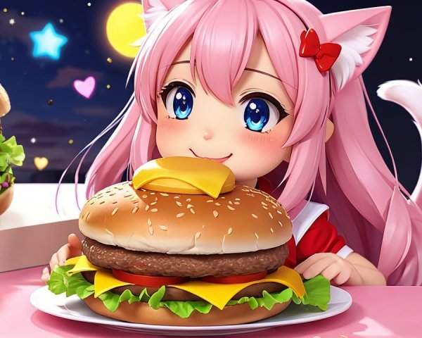 Cheerful anime girl with pink hair and hamburger