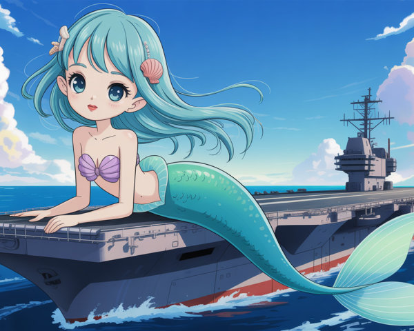 Anime Mermaid on Aircraft Carrier Deck in Ocean