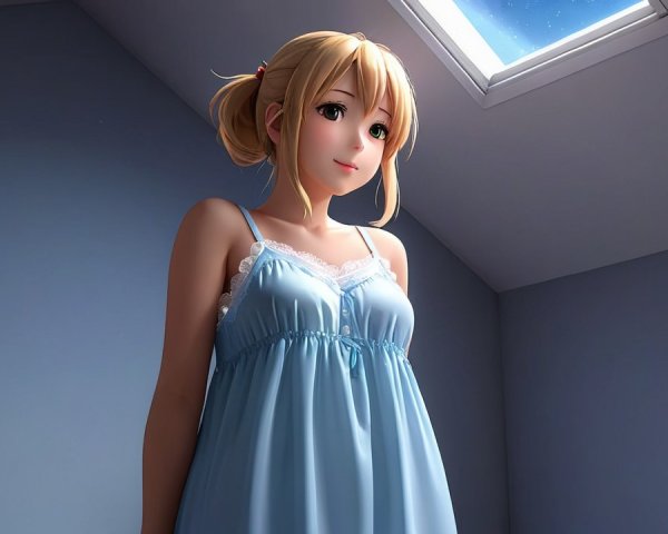 Stylized female character in a serene room setting