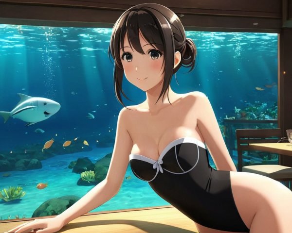 Young Woman in Black Swimsuit Underwater Scene