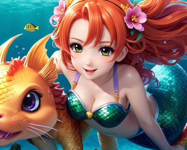 Vibrant Underwater Scene with Cheerful Mermaid and Creature