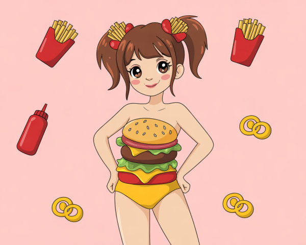 Kawaii Anime Girl in Hamburger Outfit with Fast Food Background