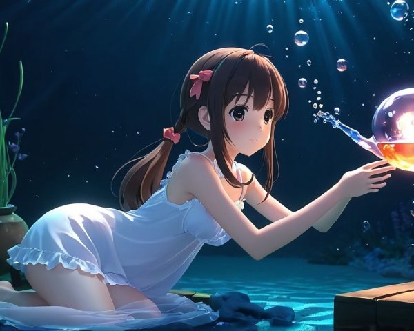 Young Girl in White Dress Kneeling Underwater