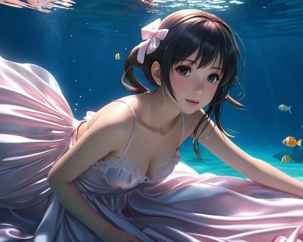 Young Woman in Pink Dress Swimming Underwater with Fish