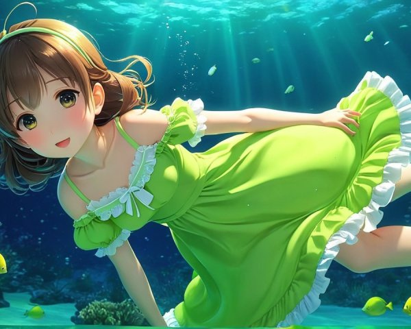 Underwater Scene with a Girl in Green Dress