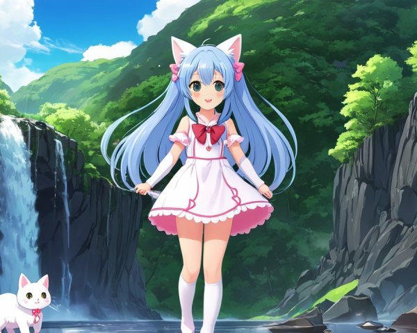 Anime Character by Waterfall with Cat and Green Hills
