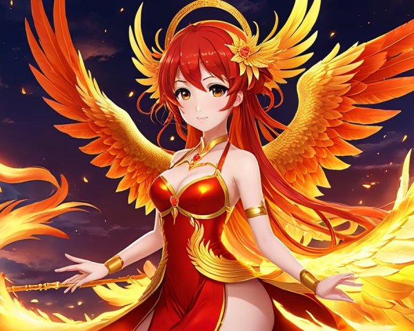 Character with Red Hair and Golden Wings in Dramatic Sky