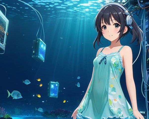 Underwater Scene with Young Girl and Coral Reefs
