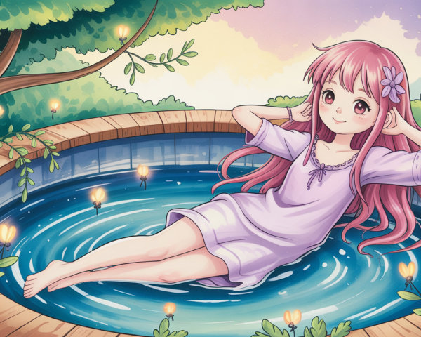 Anime Illustration of a Girl in a Hot Tub Setting