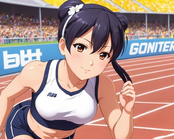 Young Female Athlete on Outdoor Track with Cheerful Crowd