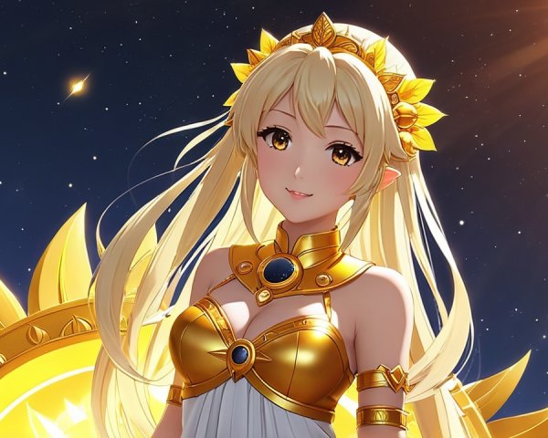 Radiant Character Against Cosmic Sunlit Backdrop