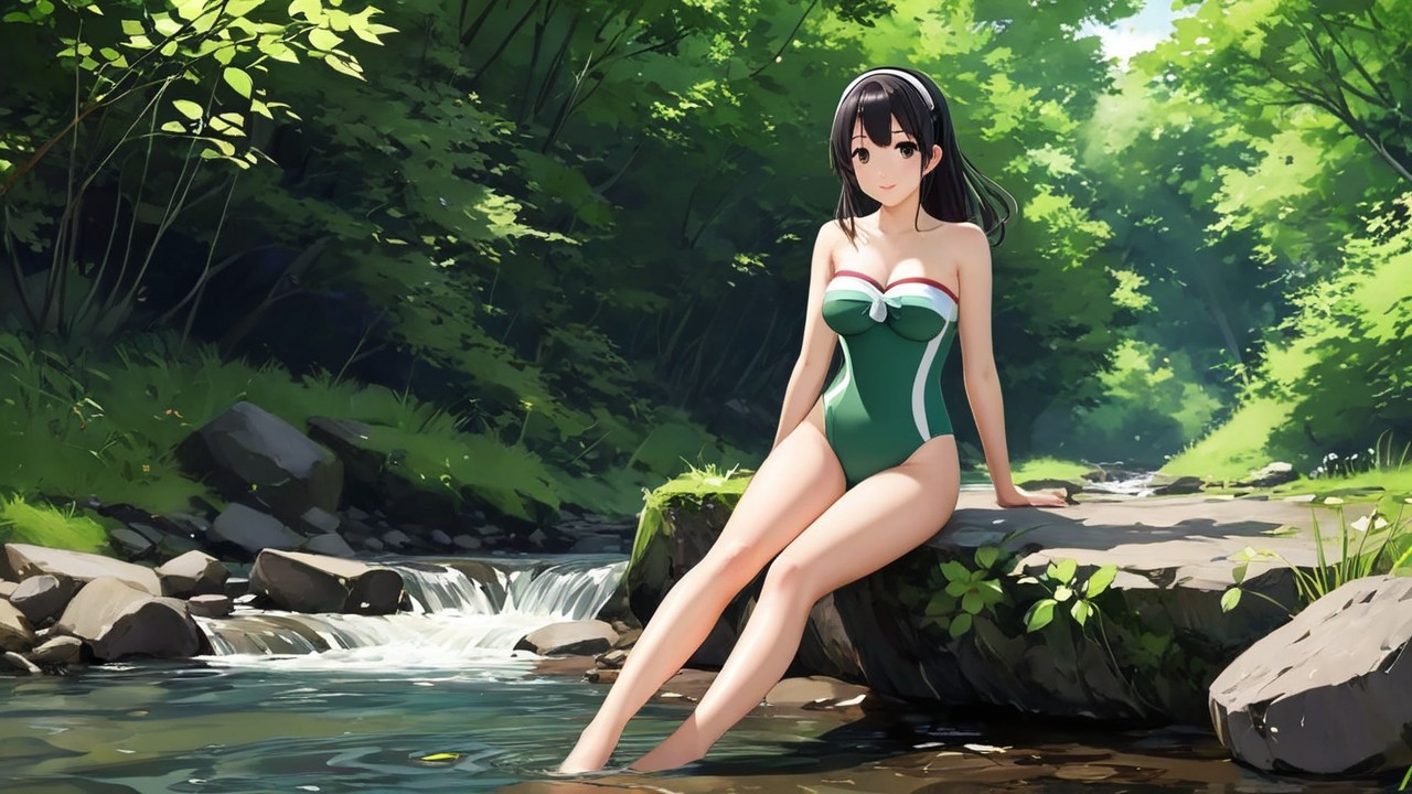 Young Woman in Green Swimsuit by Serene Stream