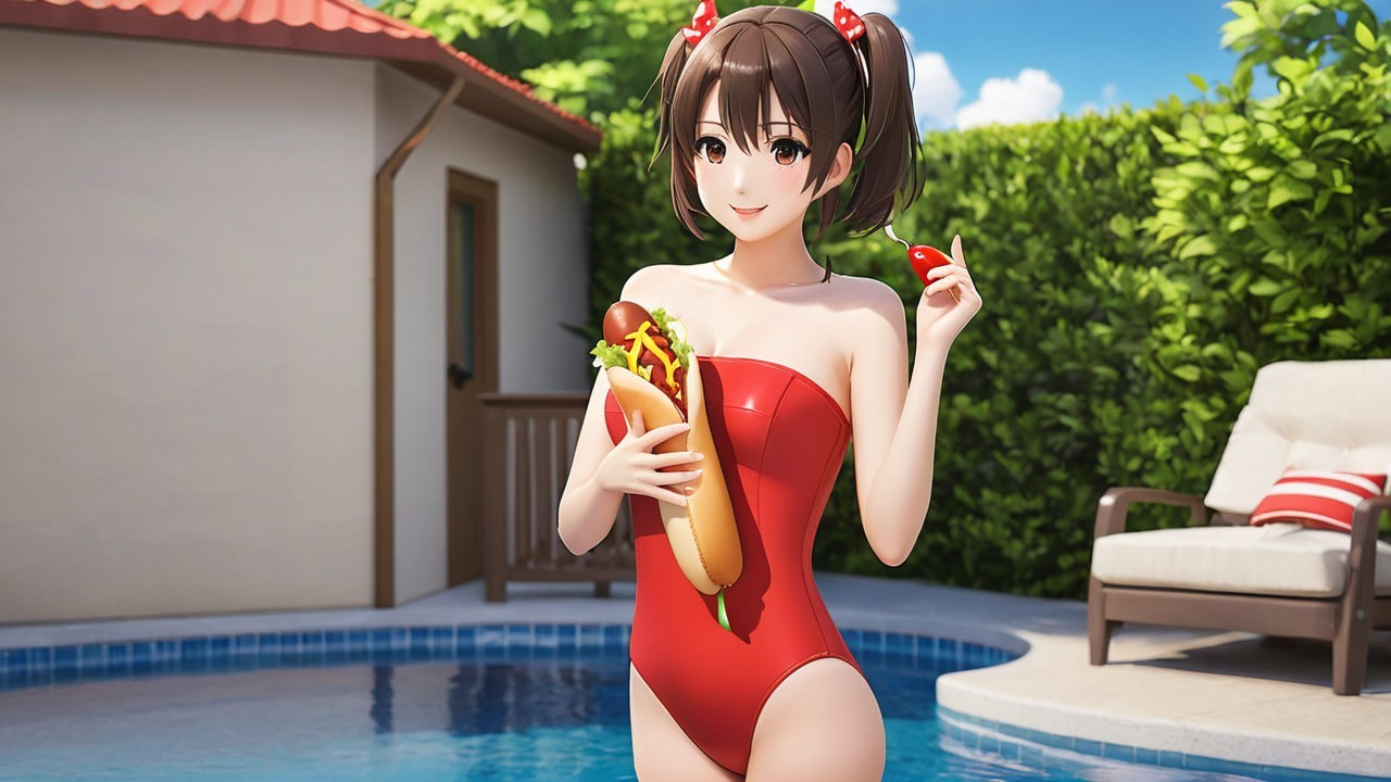 Cheerful Character by Pool with Hot Dog and Tomato