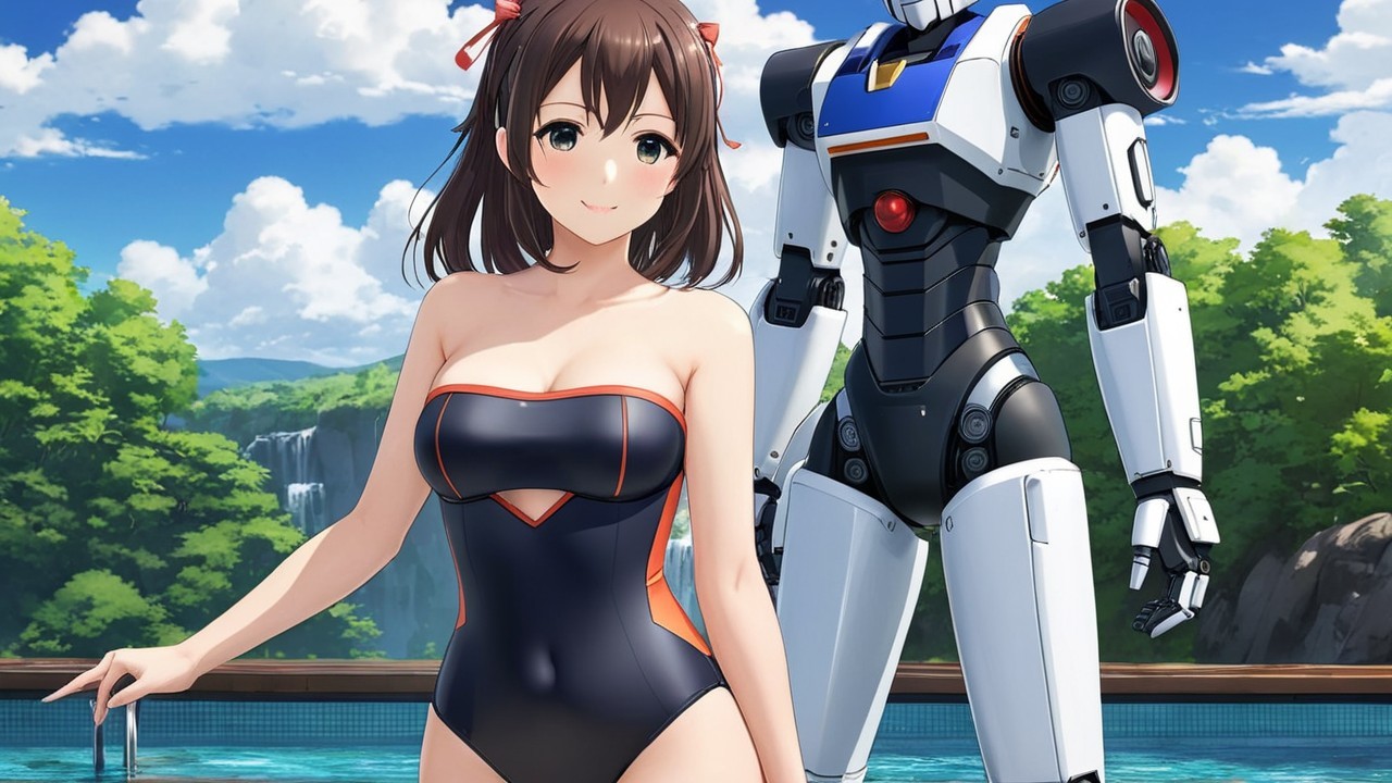 Young Woman and Futuristic Robot by Sparkling Pool