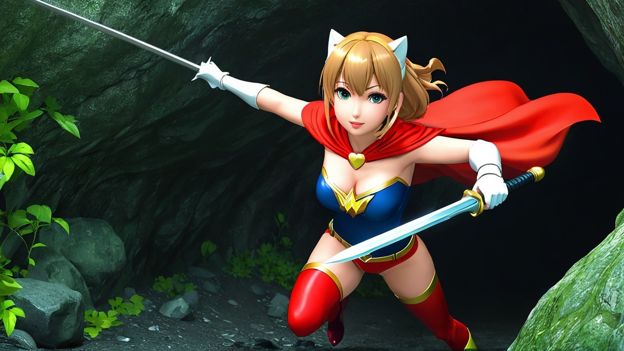 Heroic Female Character with Sword in Cave Setting