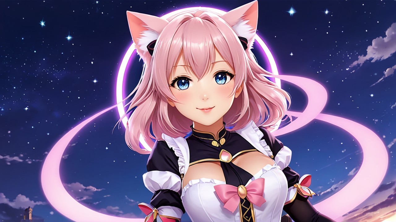Anime Character with Pink Hair and Cat Ears in Night Sky