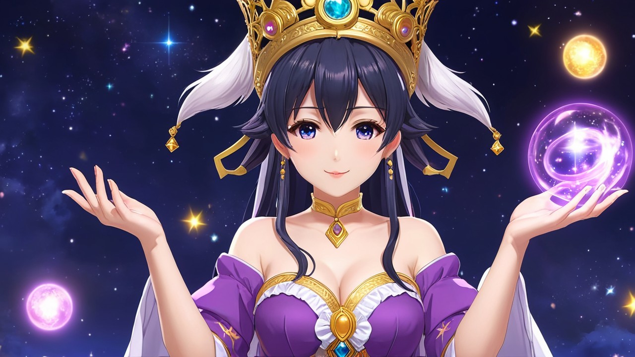 Regal Figure in Purple Gown Against Cosmic Background