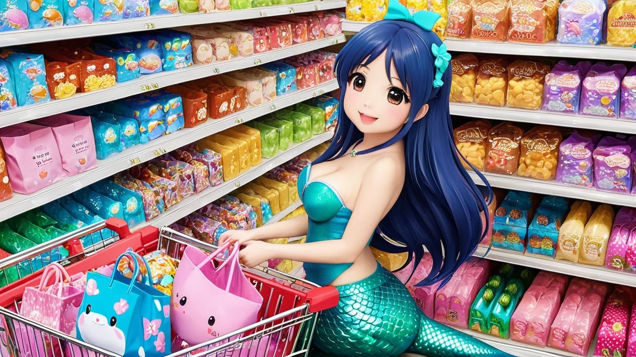 Animated Scene of a Cheerful Mermaid in a Grocery Store