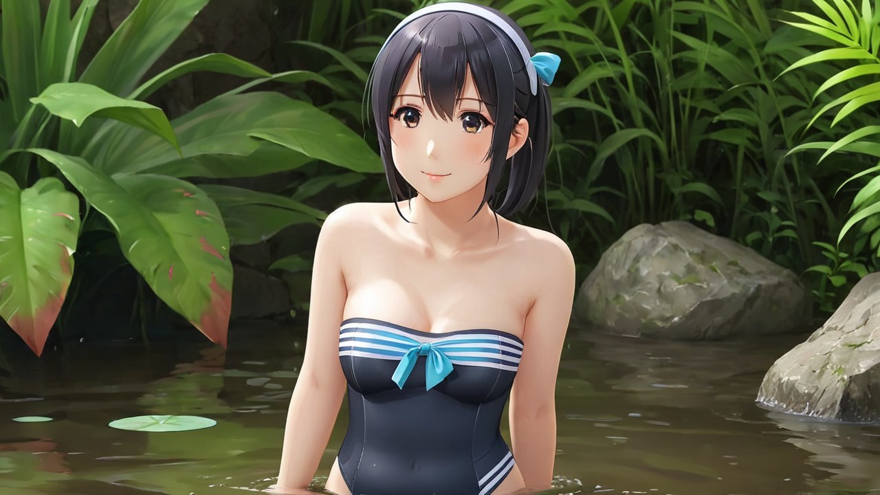 Young Woman in Stylish Swimsuit in Serene Nature Setting