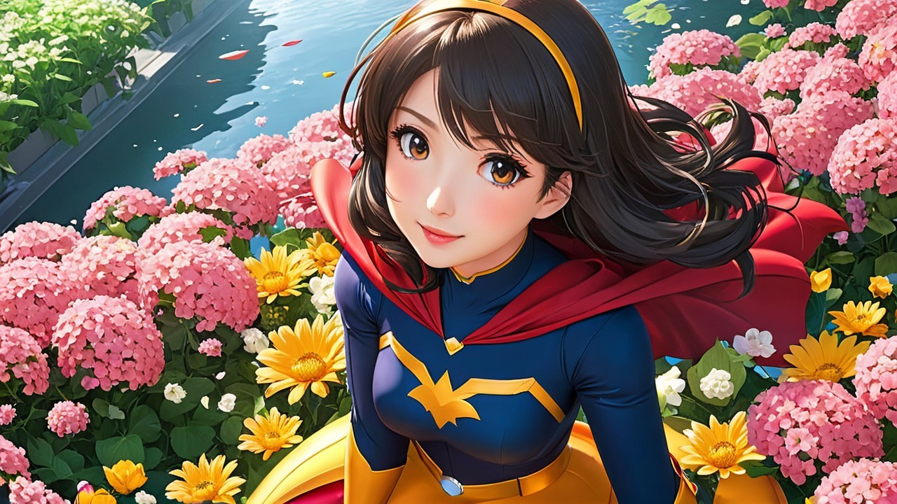 Young superheroine in vibrant garden setting