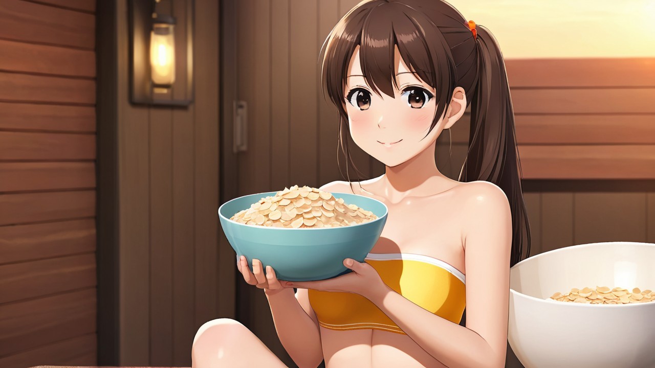 Cheerful Woman in Yellow Bikini with Cereal Bowl
