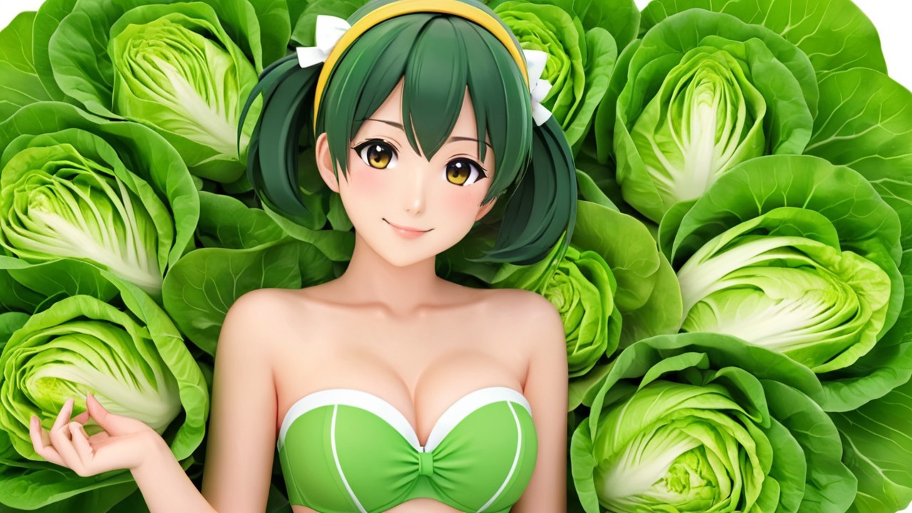 Cheerful Animated Character Surrounded by Cabbage