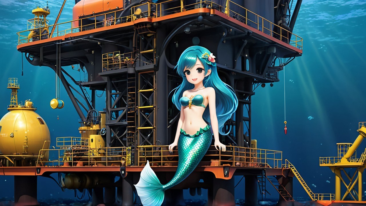 Whimsical Mermaid on Submerged Oil Rig Scene