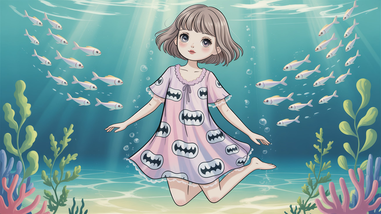 Whimsical underwater scene with a girl in pink dress
