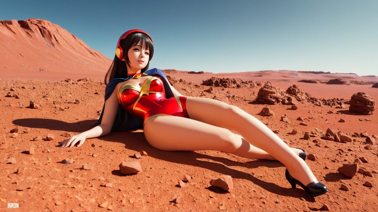 Character in Red and Gold Costume on Martian Landscape