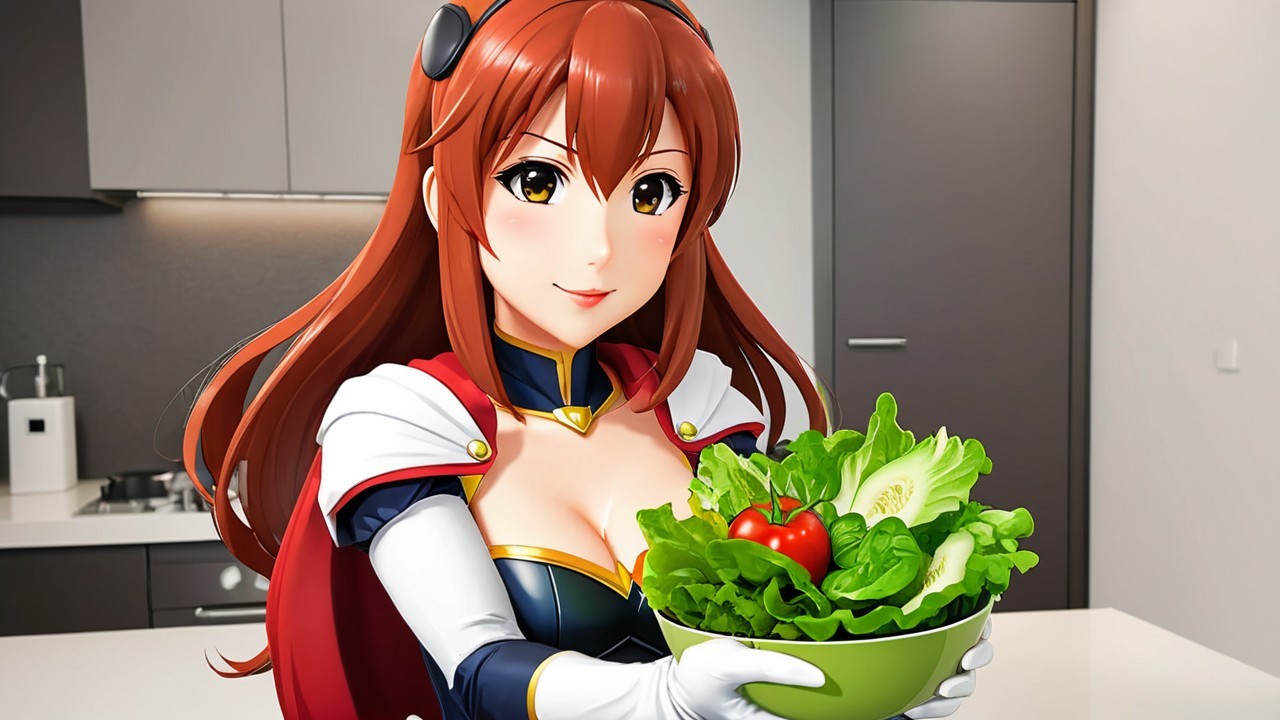 Animated Character in Superhero Outfit with Salad