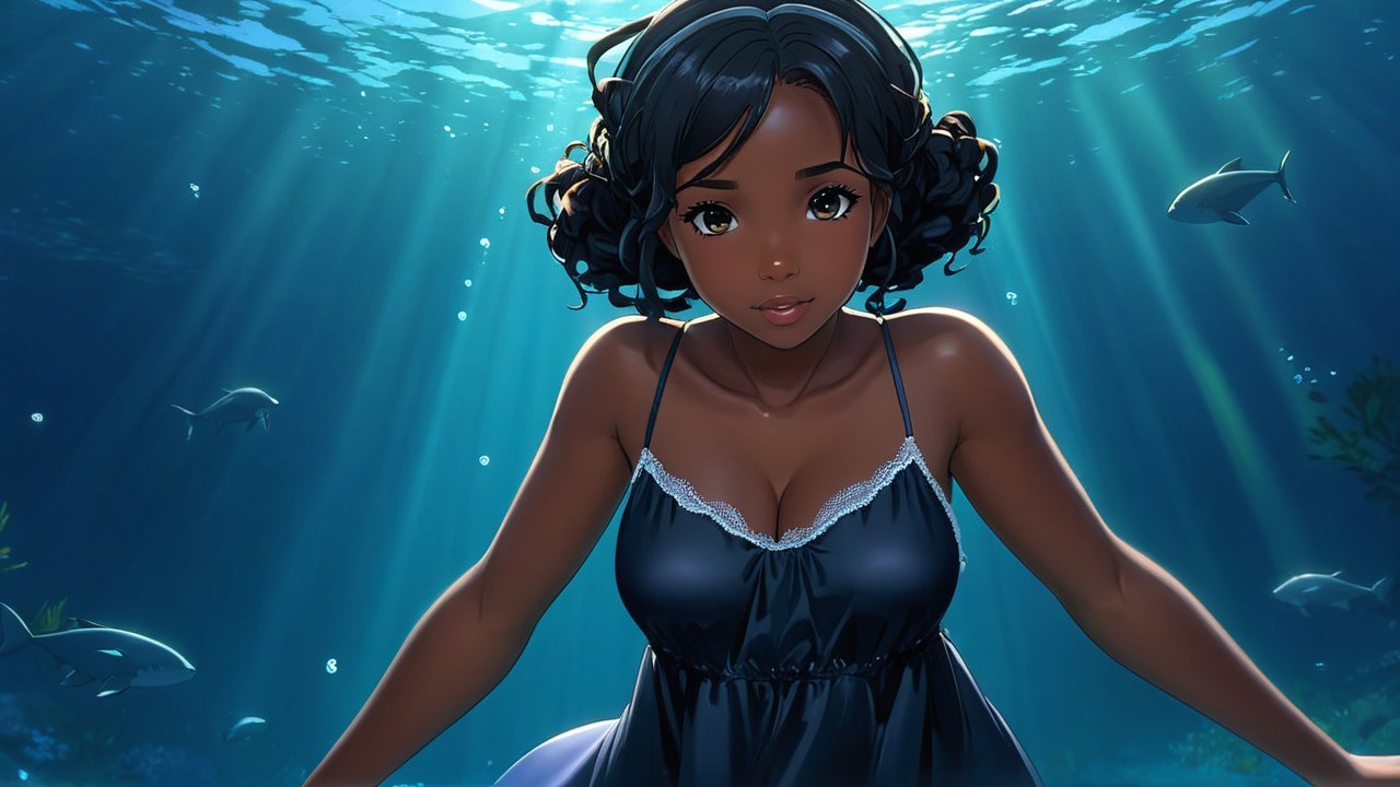 Young woman underwater in elegant dress with fish