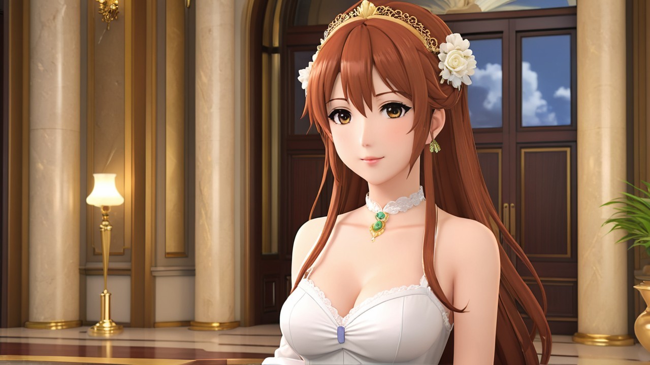 Animated Character in Elegant Dress with Floral Crown