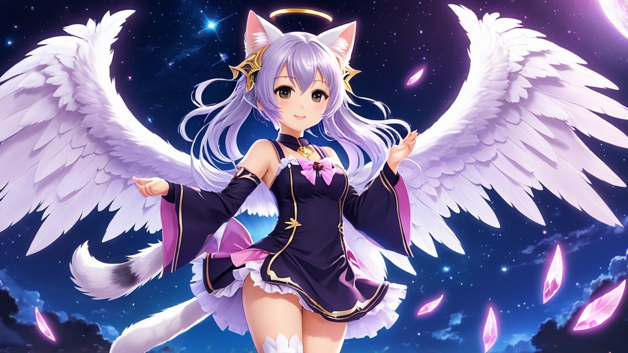 Mystical figure with lavender hair and feathered wings