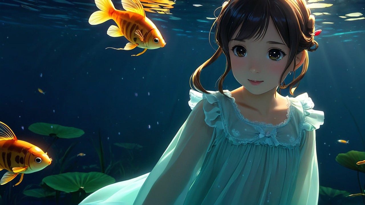Underwater Scene with Girl and Vibrant Goldfish